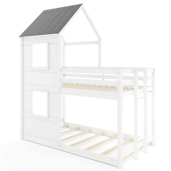 Costway House Bunk Bed Twin Over Twin with Built in Ladder Window & Safety Guardrail