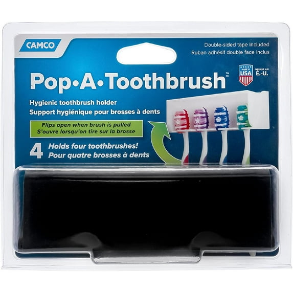 A Pop-A-Toothbrush Wall Mounted Holder With Germ Protecting Cover, Perfect For Traveling, Dorm Bathrooms and More, Holds 4 Toothbrushes- (Black) (57207)