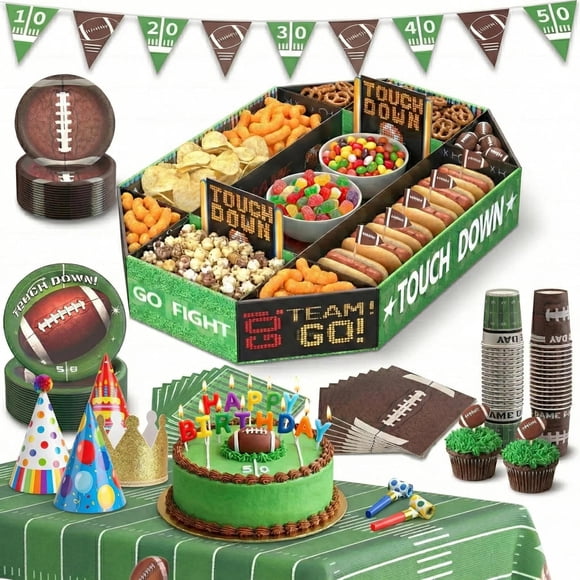 Football Party Supplies Serves 16 - Game Day Decorations Kit with Large Snack Tray, Disposable Plates, Banner, Tablecloth, Cups, Napkins for Birthday & Tailgate