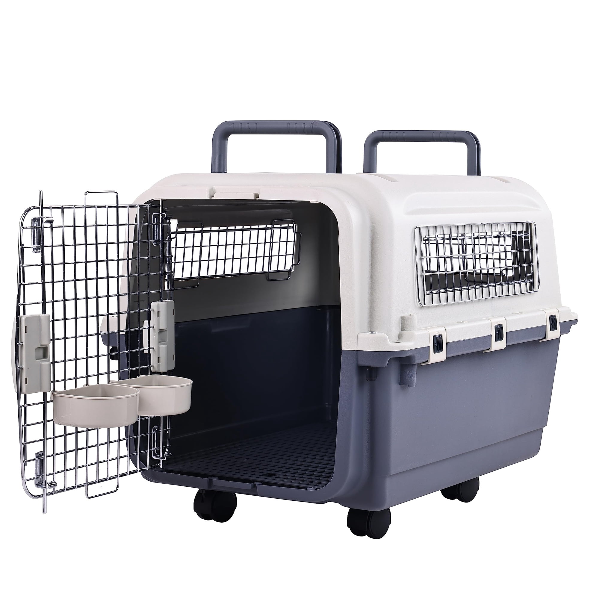 GIANNA Plastic Kennels Pet Carrier Rolling Plastic Airline Approved Wire Door Travel Dog Crate, Grey, Medium