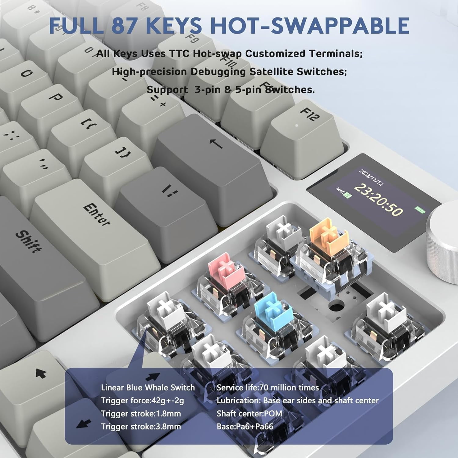 ATTACK SHARK K86 Wireless Mechanical Keyboard 75% with TFT Color Display & Knob Apex Pro TKL, 2.4G/Bluetooth/USB-C Wired RGB Backlit, Hot Swappable
