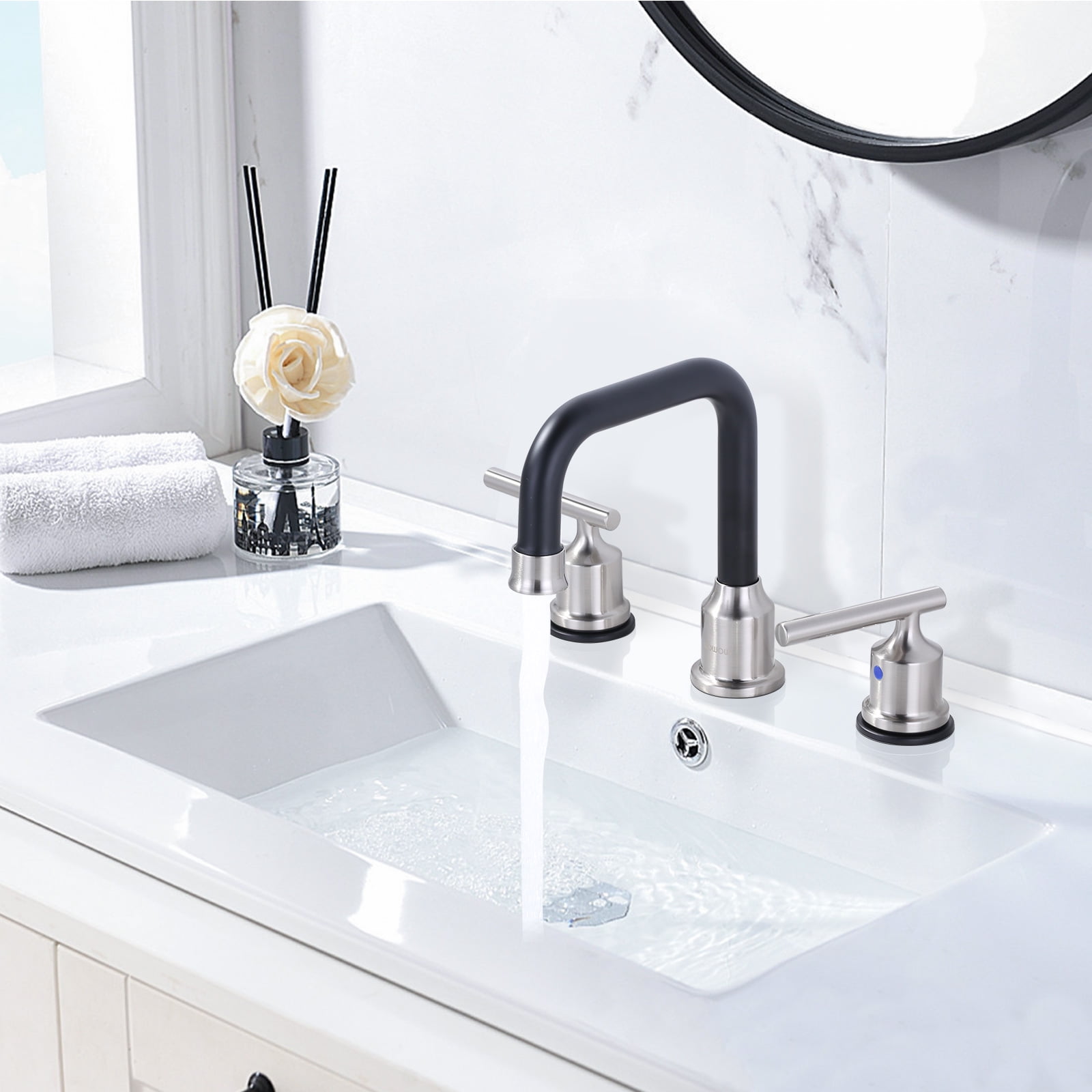 WOWOW 3 Hole Bathroom Faucet Widespread Bathroom Sink Faucet 8 inch