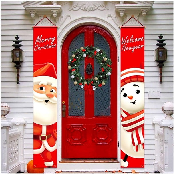 Banner de Navidad, cartel de bienvenida y feliz Navidad, cartel de guirnalda de Navidad, cartel de porche de Navidad, para decoración de pared de porche interior al aire libre del hogar (rojo) Adepaton ZYY-1442