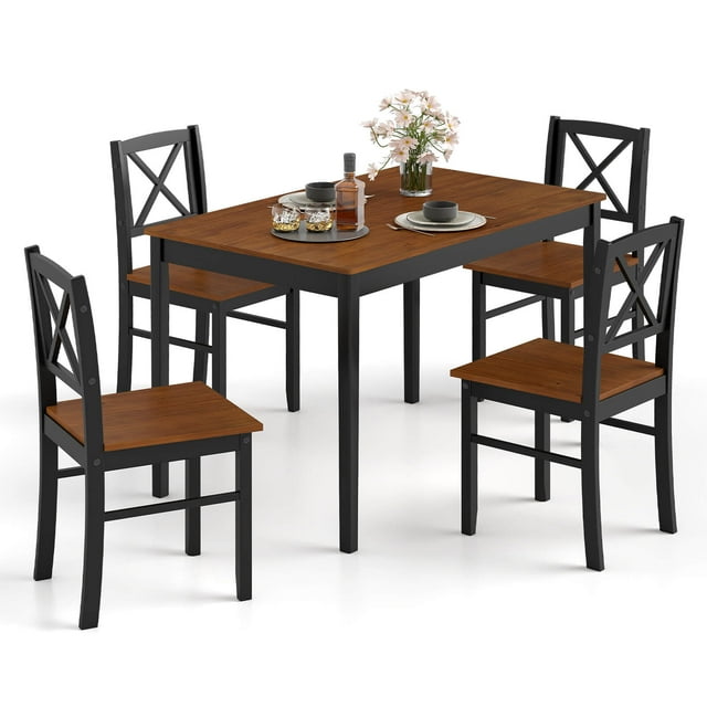 Costway 5 Piece Dining Table Set for 4 People with Rubber Wood Legs, Cross Backrest