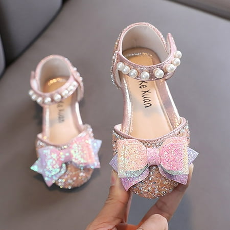 

kpoplk Baby Dress Shoes Performance Dance Shoes For Girls Childrens Shoes Pearl Rhinestones Bowknot Shining Baby Sandals Girl(Red)