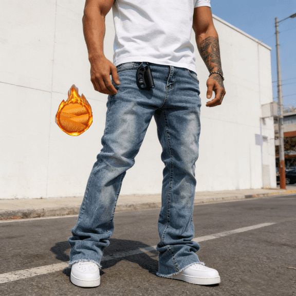 Men's Flared Straight Leg Fleece-Lined Jeans | Light Wash Denim | 4-Way Flex | Raw Hem | Standard Size | Warm Winter Stretch Jeans | Trendy Casual Denim Pants for Men