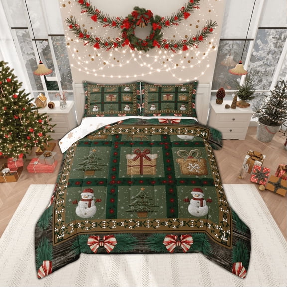 Manfei Kids Winter Snowman Bedding Comforter Set, Vintage Christmas Buffalo Twin Comforter Sets, Green Geometric Reversible Bedding Set, Microfiber Bedroom Decor, 2 Pieces