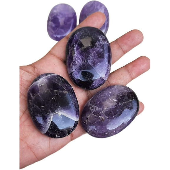 3Pcs Set Amethyst Palm Stone Crystal - Dark Amethyst Palmstone Natural Chakra Therapy Polished Healing Crystal Oval Pocket Worry Stone Gemstone for Anxiety Stress Relief