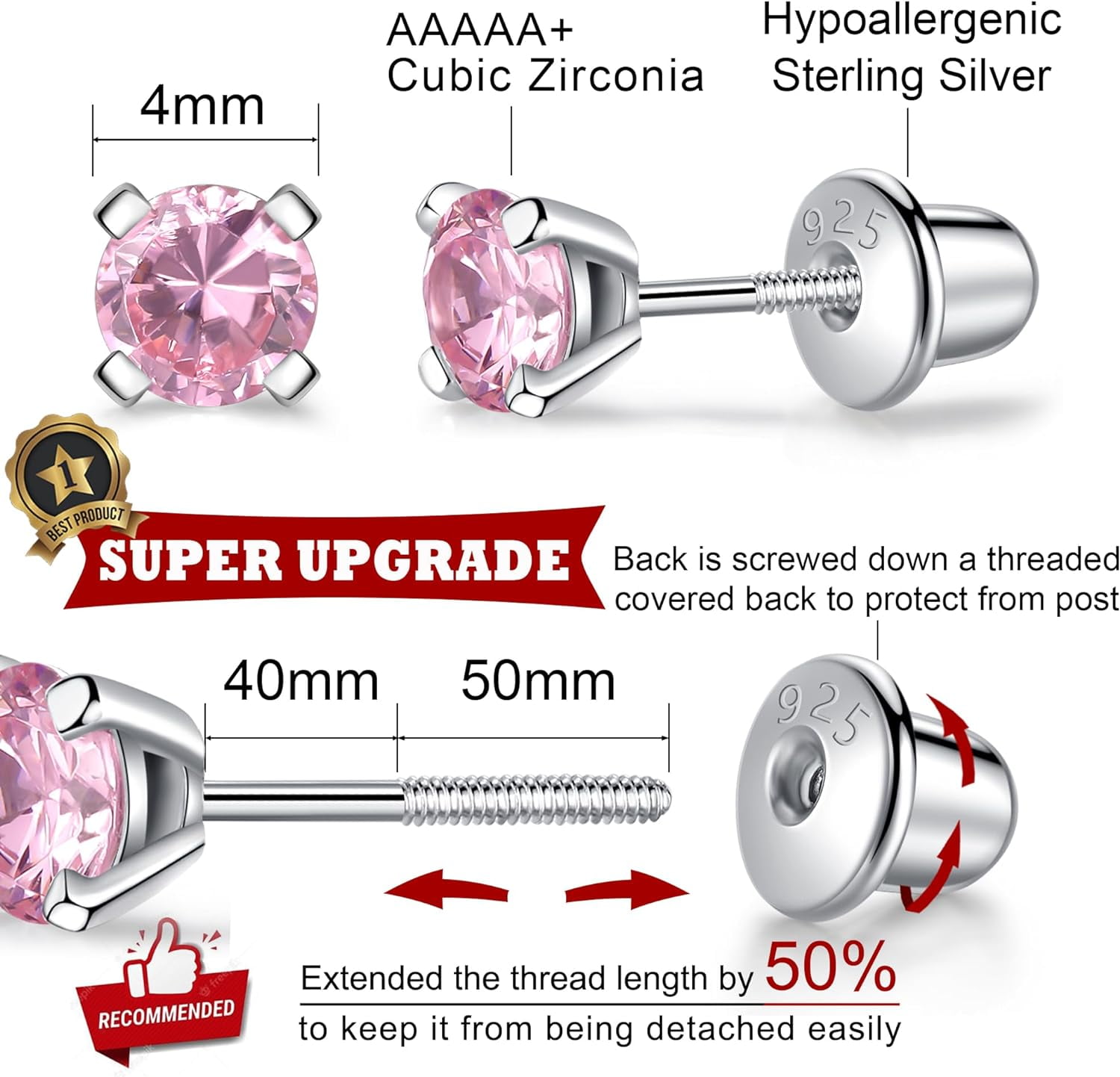 925 Sterling Silver Earrings Stud With Screwback Cubic Zirconia For Women Earring With Screw Backs Cz Hypoallergenic (Cz-White)[Z5962]