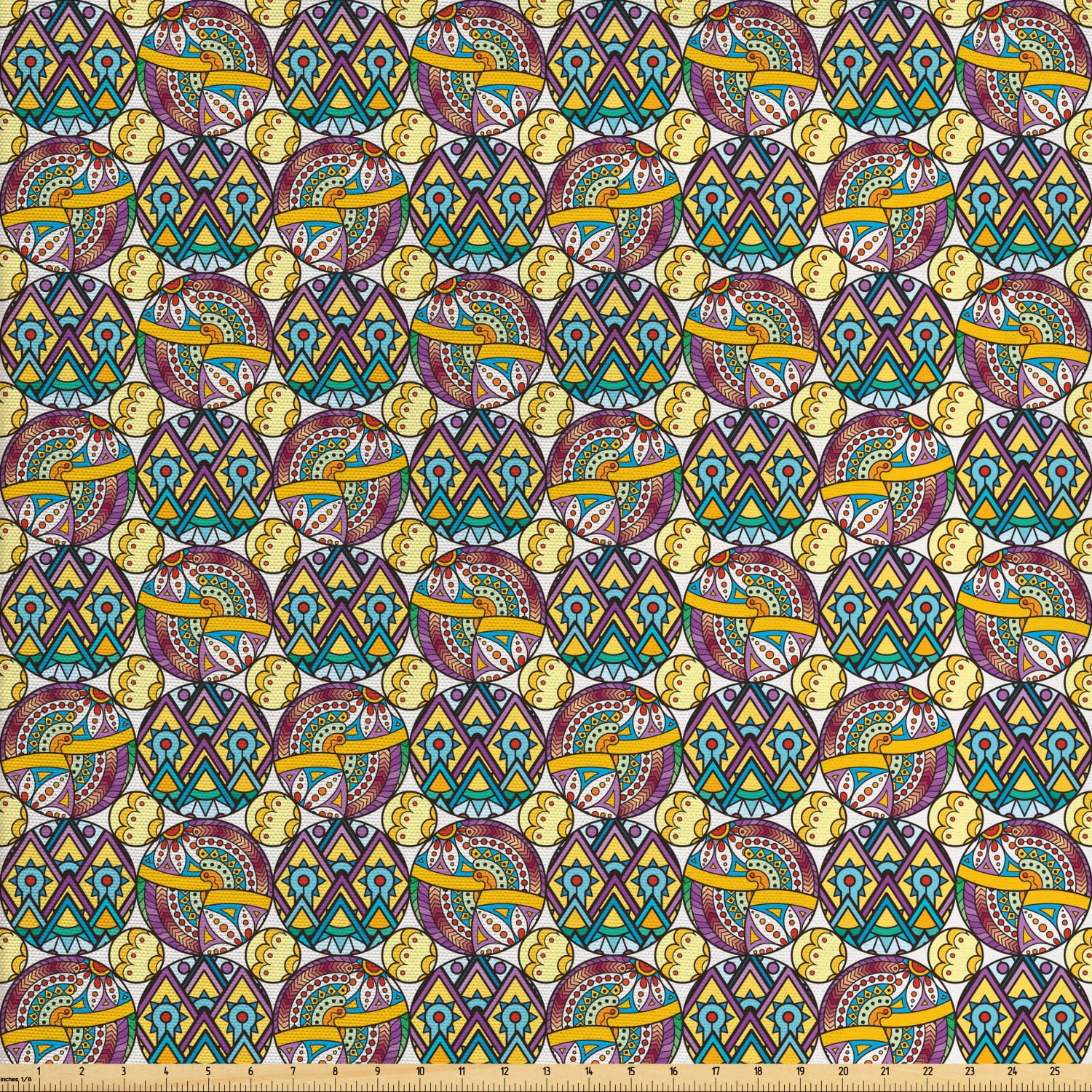 Boho Fabric by The Yard, Hippie Mystical Pattern with Round Motifs