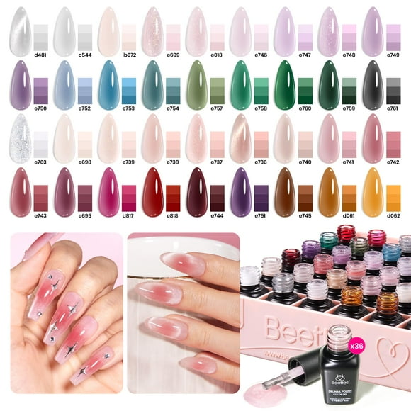 beetles Gel Polish 53 PCS Gel Nail Polish Set, 36 Colors Gel Polish Jelly Pink Milky with Base Coat Glitter Top Matte & Stars Top Coat Gel Red Crystal