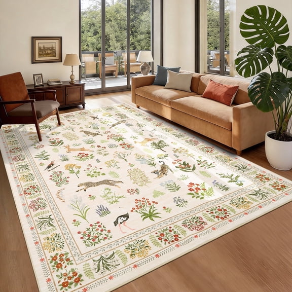 Garvee 5'x7' Jungle Animal Print Area Rug Botanical Floral Carpet, Washable Rug with Non Slip Backing Soft Indoor Mats for Living Room Bedroom Home Office, Beige