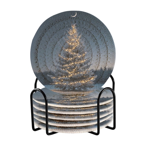 Coil Coasters Set of 6,Christmas Tree3.94-inch diameter printed on one side, non-slip, heat-insulating, moisture-wicking home accessory.
