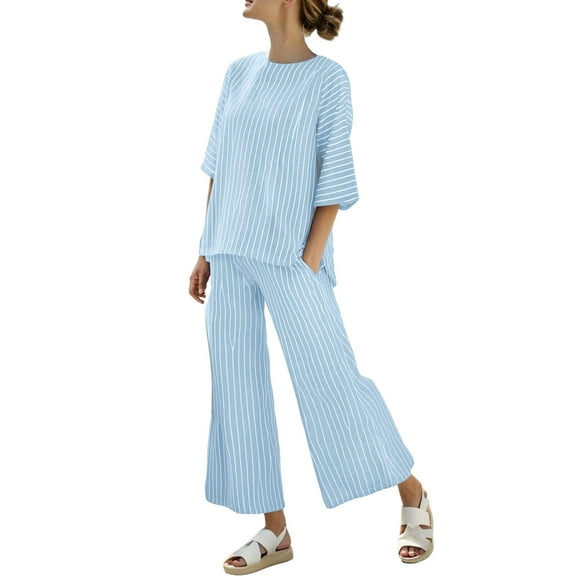 Nuoqisi Women's Cotton Linen 2 Piece Outfits 3/4 Sleeves Tops Wide Leg Trouser Pants Suits Summer Casual Dressy Linen Sets