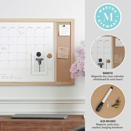 Martha Stewart - Everette Dry Erase Magnetic Monthly Calendar/Cork Board-24x18 - Light Natural Woodgrain