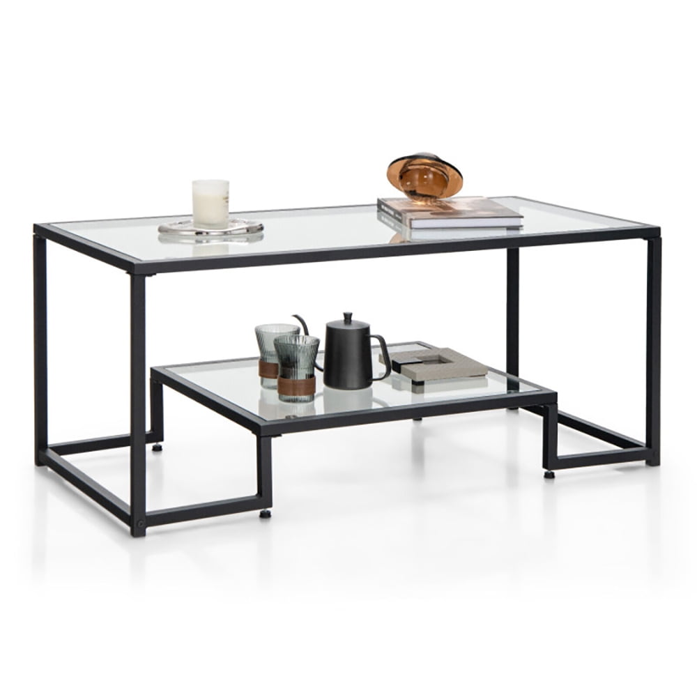 Finihen Glass Coffee Table, Rectangular Coffee Table, Modern 2-Tier Rectangular Coffee Table with Glass Table Top, for Living Room, Reception Room, Black Finihen Glass Coffee Table, Rectangular Coffee Table, Modern 2-Tier Rectangular Coffee Table with Glass Table Top, for Living Room, Reception Room, Black
