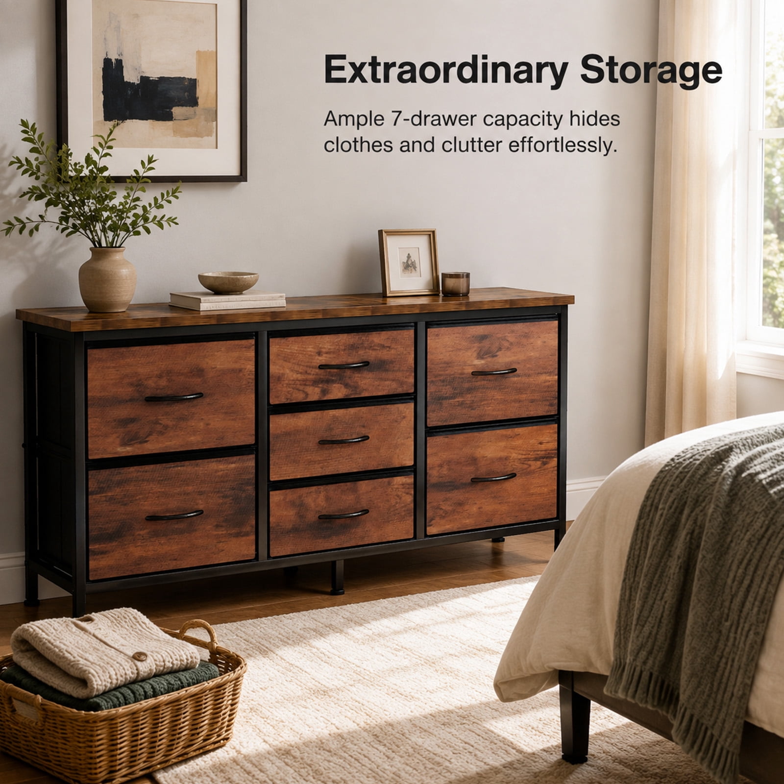 Alvantor 7 Drawer Fabric Dresser, Clothes Organizer Storage Tower for Bedroom, Chest of Drawers with Wooden Top, Metal Frame for Bedroom TV Stand