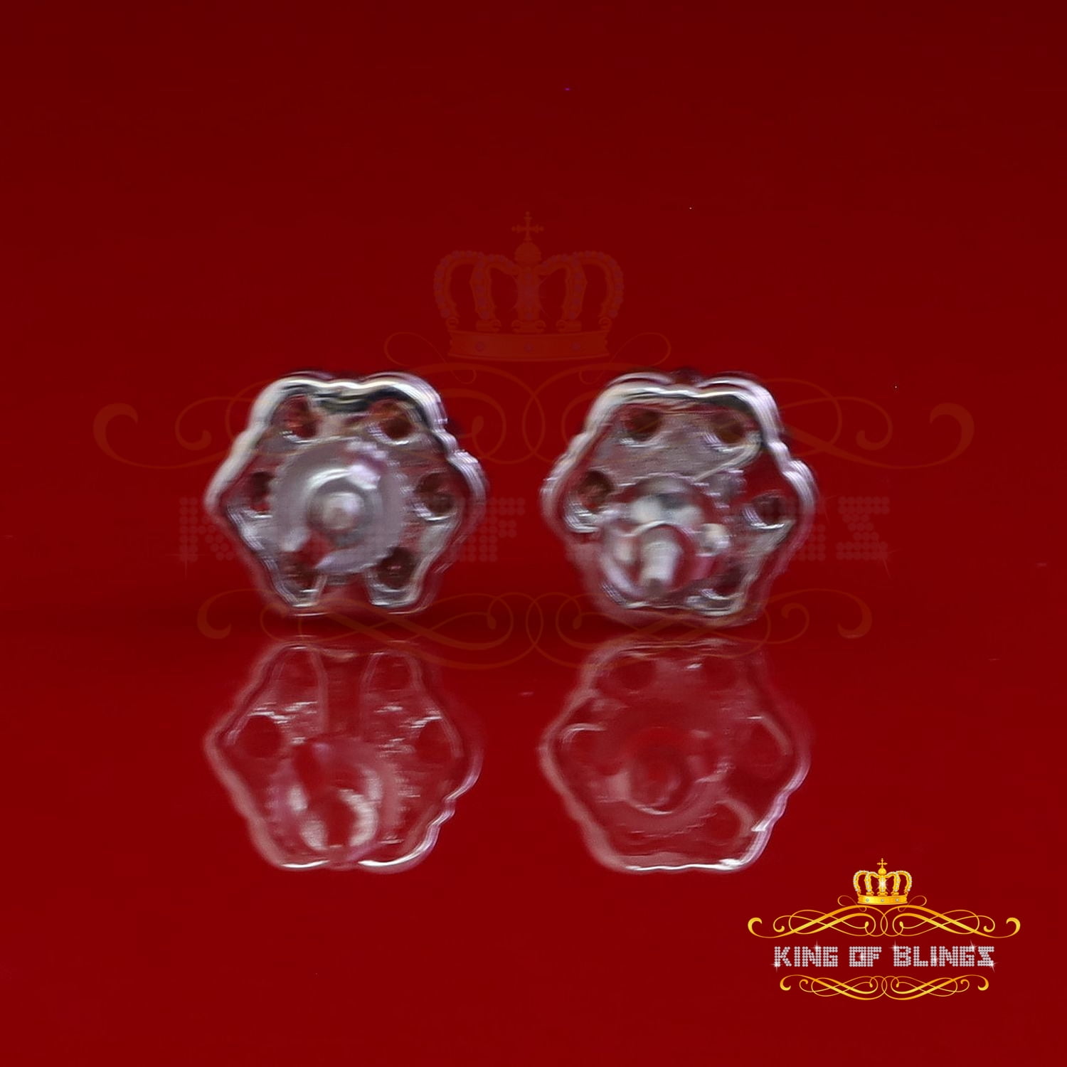 King of Bling's 925 Silver White 1.66ct VVS D Pink Moissanite Floral Men's/Women's Stud Earrings