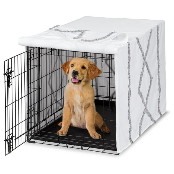 White and Grey Bohemian Boho Chic Boy Girl Gender Neutral Unisex Dog Crate Cover – Kennel Covers 36 Inch Pet Cage Medium Farmhouse Shabby Designer Modern Geometric Textured 36in. x 24in. x 23.5in.