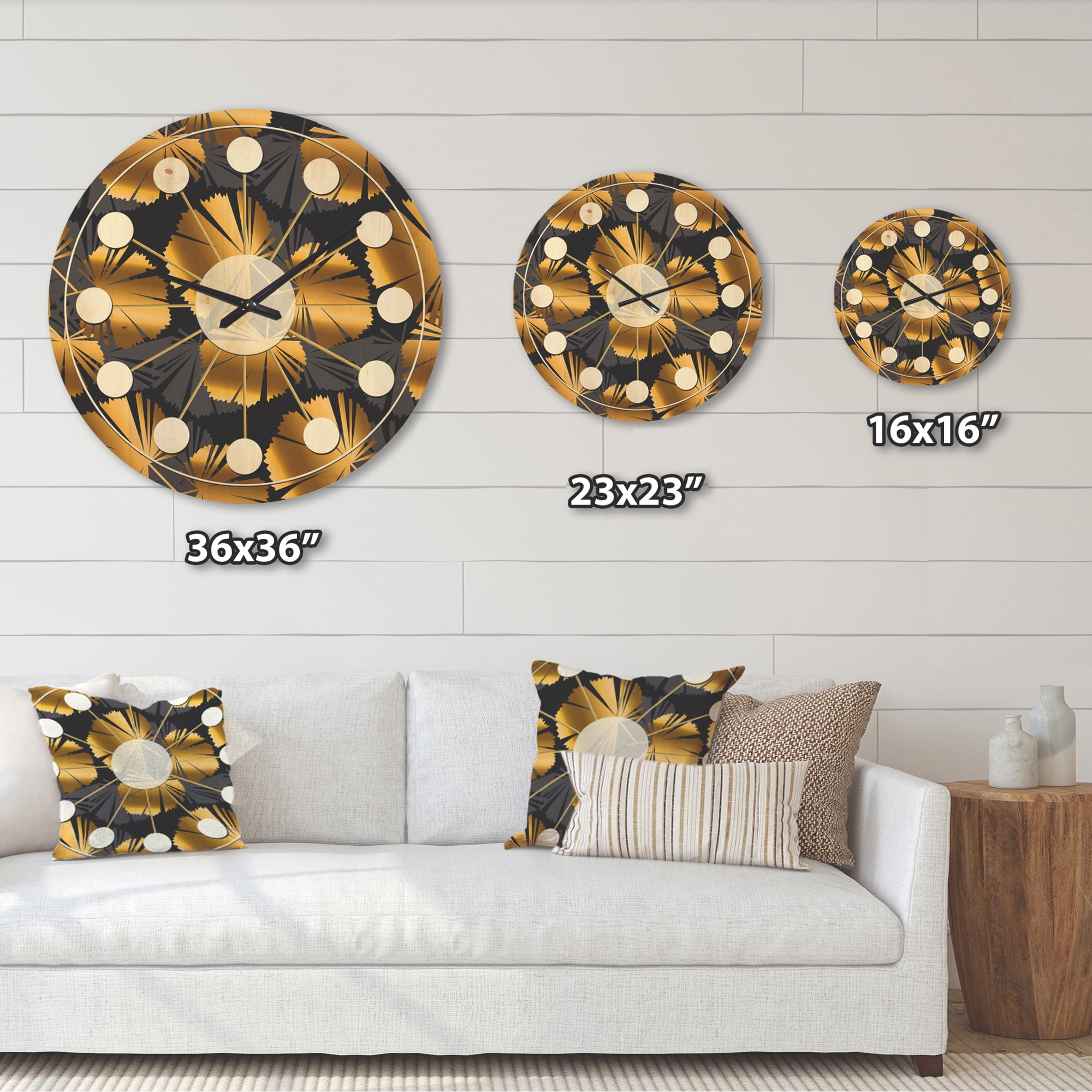 Designart 'Palm Golden Leaves III' Mid-Century Modern Wood Wall Clock