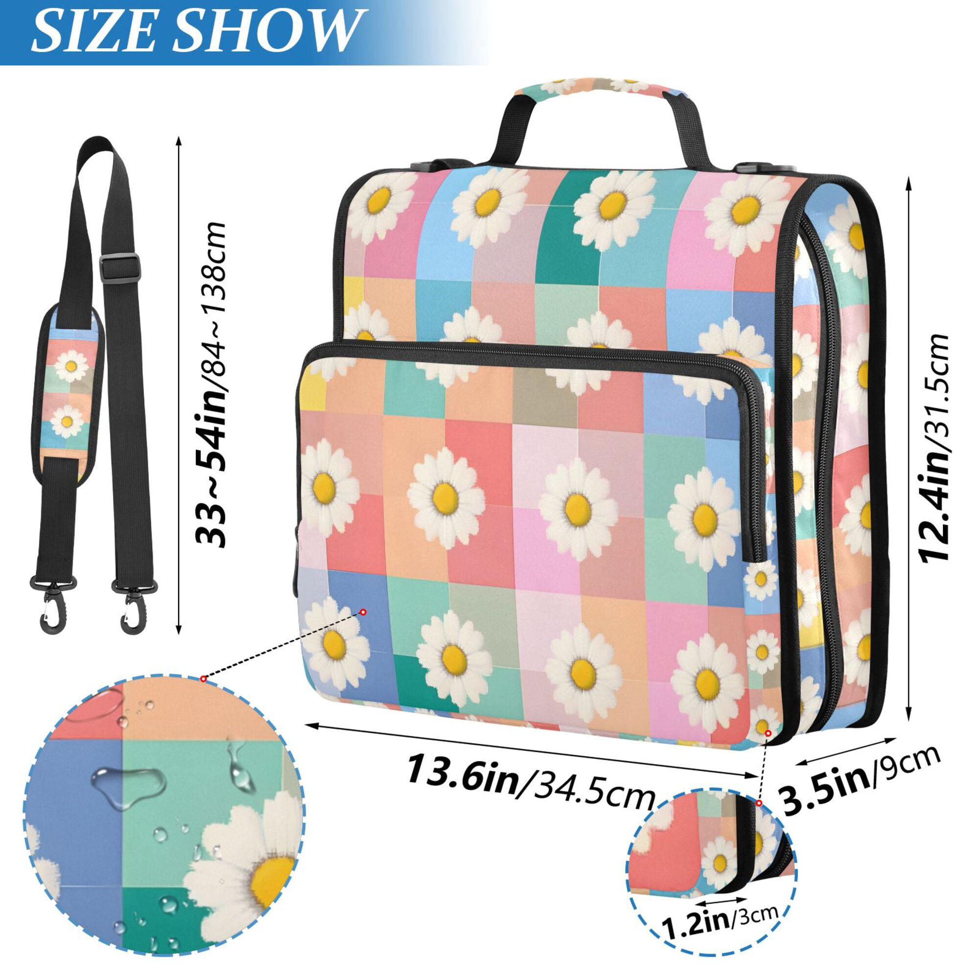 FORMRS Zipper Binder with Shoulder Strap 2-inch Ring 500 Sheet Capacity File Bag, Pink Checkered Daisy