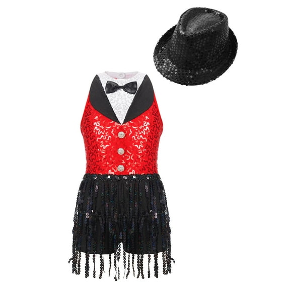 TiaoBug Kids Girls Sequins Tassel Hem Jumpsuit Latin Jazz Ballet Sleeveless Leotard Dress with Hat Set Red&Black 6