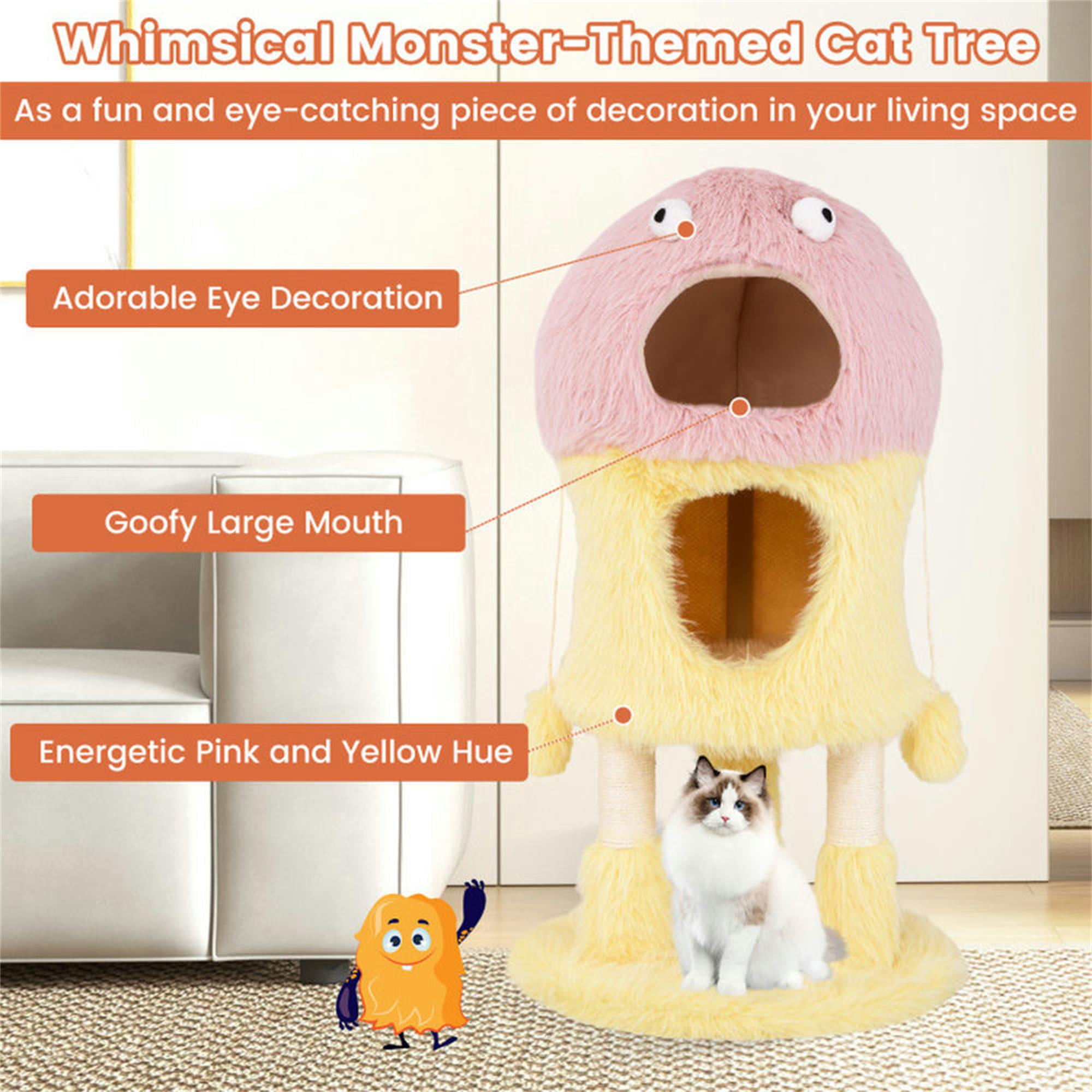 Kadyn 37" Monster-Themed Cat Tree Tower with 2 Condo, Kitten Plush Habitat with Scratch Posts Toy Cat Tree House, Yellow