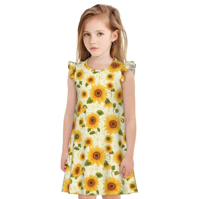 Balery European-style Pattern Sunflower Camisón de princesa para niñas, pijama de algodón con mangas abullonadas, suave y bonito.-Small