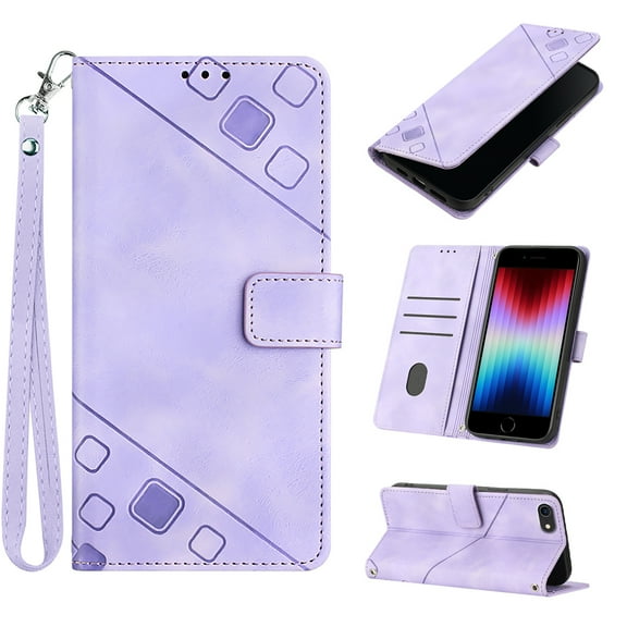 Feishell for iPhone 7 / 8 / SE 2020 / SE 2022 4.7 inch Wallet Case with Wrist Strap,Flip Cover with Embossed Pattern PU Leather Kickstand Card Slots Magnetic Clasp Folio Purse Phone Case,Purple