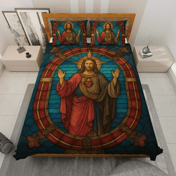 Christian Quilt Bedding Set – Sacred Heart of Jesus Stained Glass Design, Religious Catholic Bedding, Faith Gift, Christmas Gift