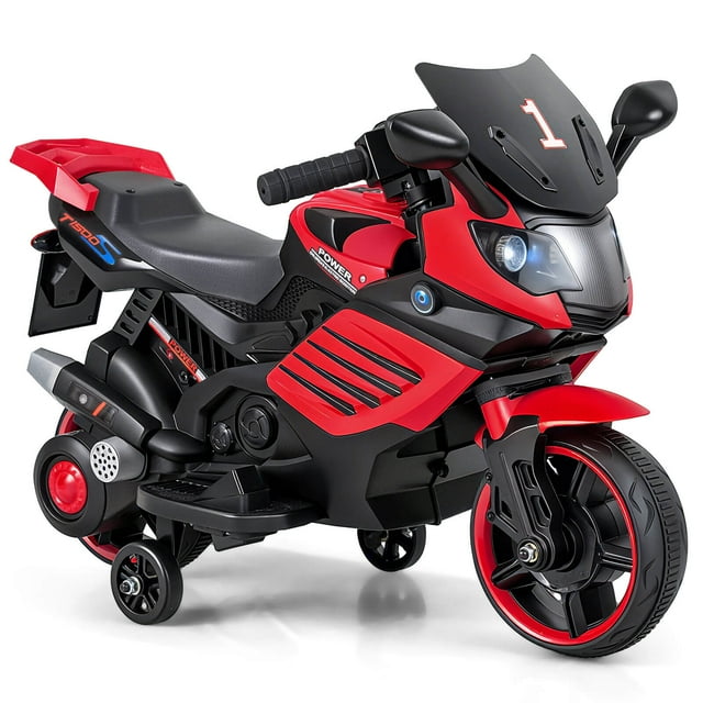 Costway 6V Kids Motorcycle with Music, Horn, Detachable Training Wheels & LED Headlights Red