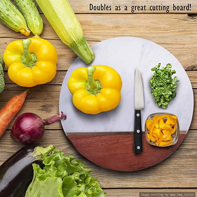 Luxe Designs | Wood & White Marble Cheese Cutting Board with Knife Set - 12" Serving Tray for Charcuterie Meat Platter, Fruit & Crackers