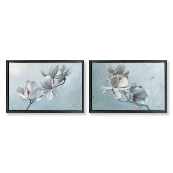Stupell Industries Single Magnolia Branch Blossoms Plants & Flowers Painting Black Floater Framed Canvas Art Print Wall Art, 25 x 17, Set of 2