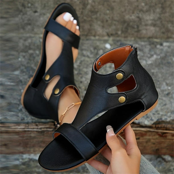 Adult Women Sandal Womens Slides Sandals Hollow Toe Open Back Zipper Flat Sandals for Women Border Large Retro Cool Slippers Roman Shoes Female