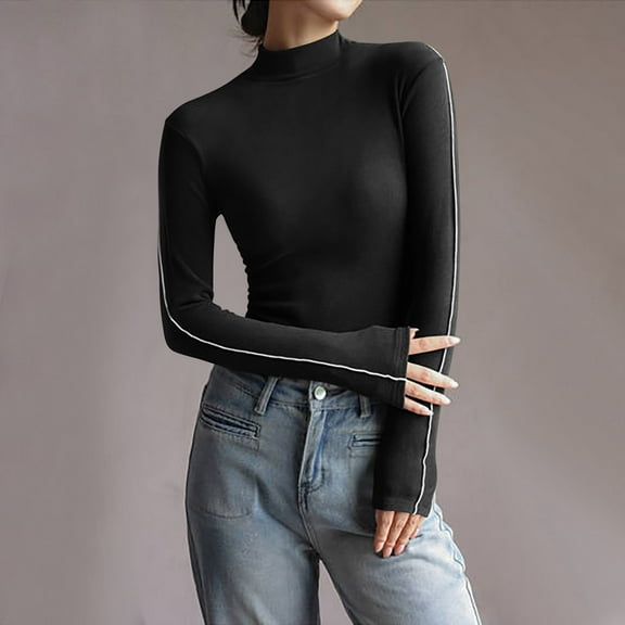 AXXD Black Basic Dressy Tops for Women Summer 2024 Turtle Necks Winter Bottomed Double-sided Long Sleeve Clothes Tops