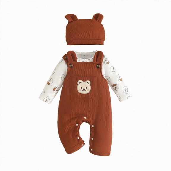 UAYOTSE Baby Boys Bear Theme Outfit Printed Bodysuit Overall With Ear Hat Infant All Season Clothes Size 3-6 Months