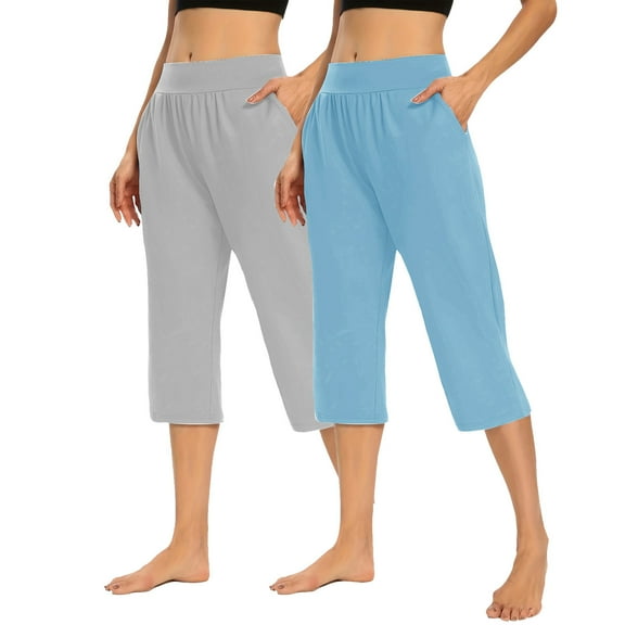 Mlzmgr 2PC Womens Capri Pants High Waist Casual Yoga Pants Solid Color Casual Stretchy Straight Leg Capris with Pockets