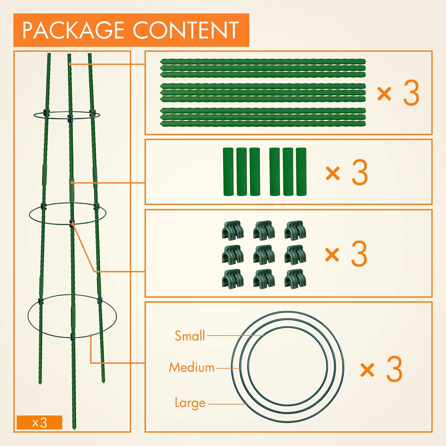 3-Pack Tomato Cage, Plants Support, Trellis Climbing Ring Cage, Stand for Pepper Eggplant Tomato Flowers