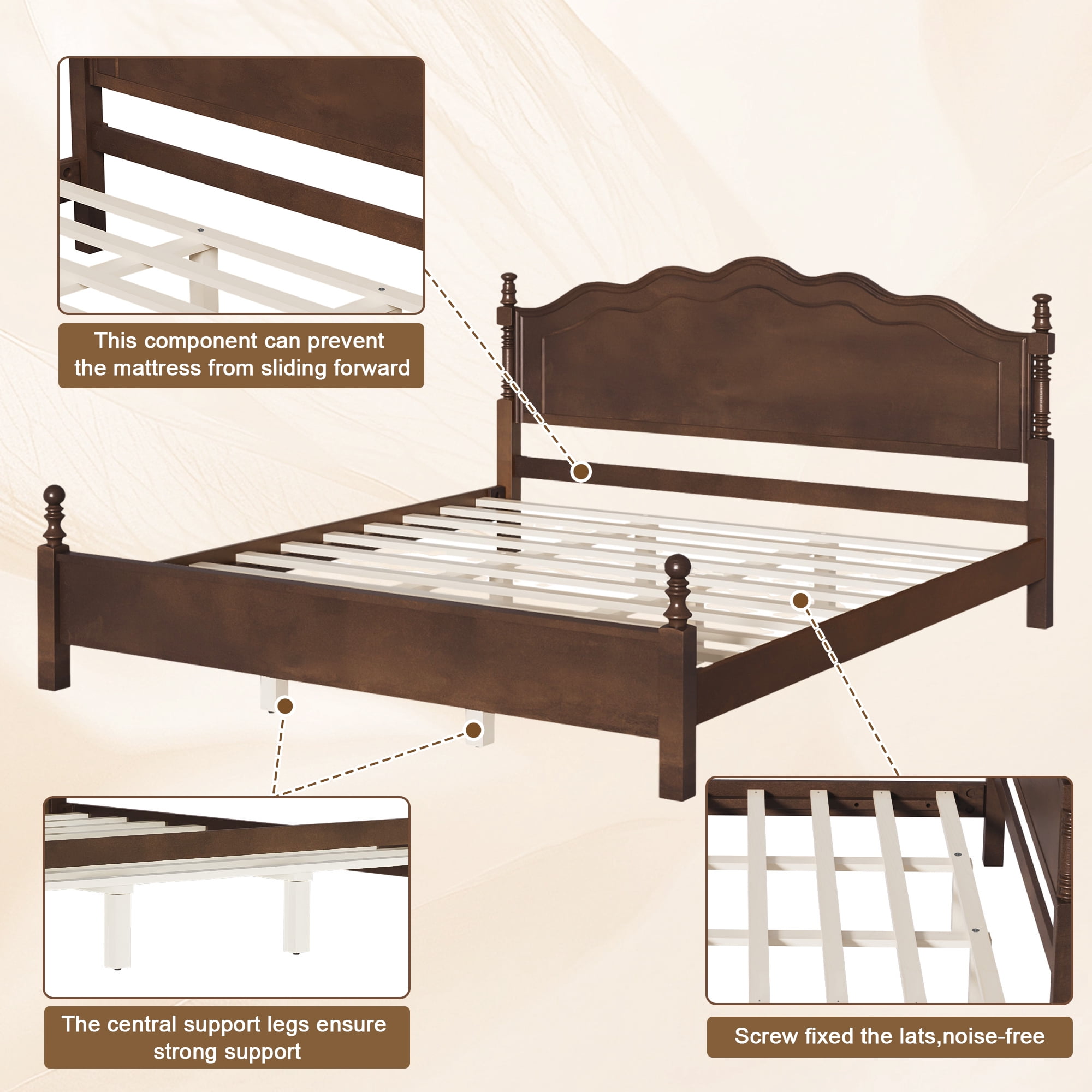 Euroco Wood King Size Platform Bed, Classic American Vintage Style Wood Bed with Curved Headboard, No Box Spring Needed, Espresso
