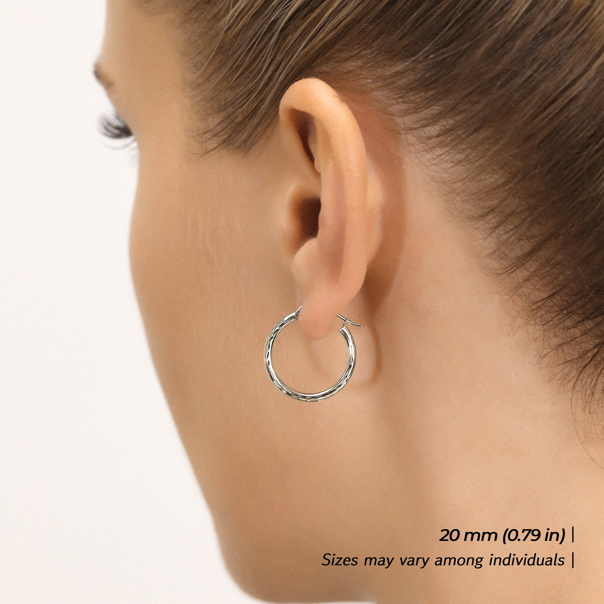 Tilo Jewelry 14K White Gold Diamond-Cut Engraved Round Hoop Earrings (20mm) for Women & Unisex