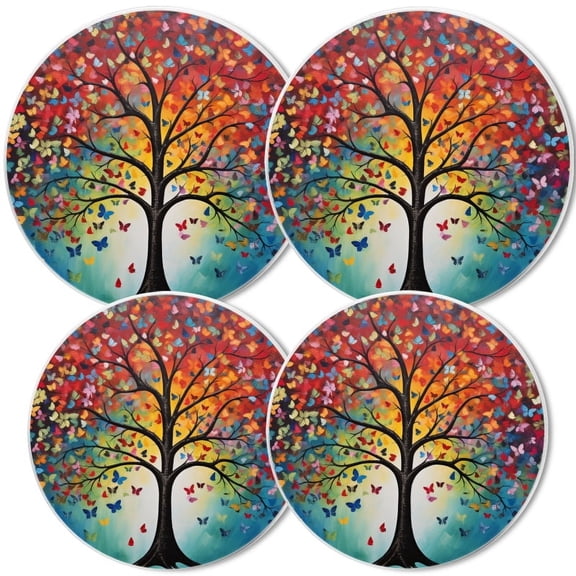 Electric Stove Burner Covers, Set of 4,White Round Cover for Gas Stovetop,8 and 10 Inch,Tree with Colorful Leaves and Butterflies (2)