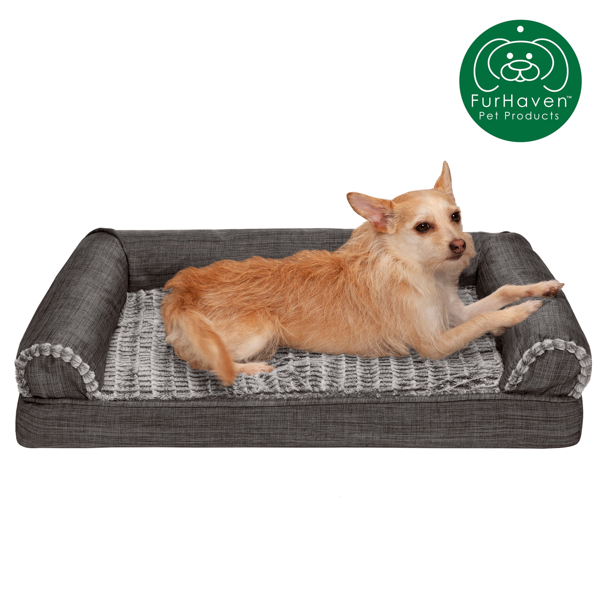 FurHaven Pet Products Luxe Fur & Performance Linen Orthopedic Sofa Pet Bed for Dogs & Cats - Charcoal, Medium