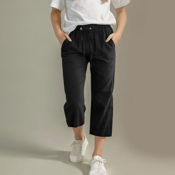 Capri Pants for Girls Summer Baggy Comfy Cotton Linen Straight Wide Leg Solid Elastic Waist Drawstring Cropped Capris