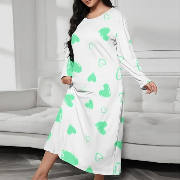 JUSLIO Nightgowns for Women Hearts Robes Long Sleeve Pajama Round Collar Sleepwear Army Green Nightgown Sleep Dress Nightgowns Loungewear