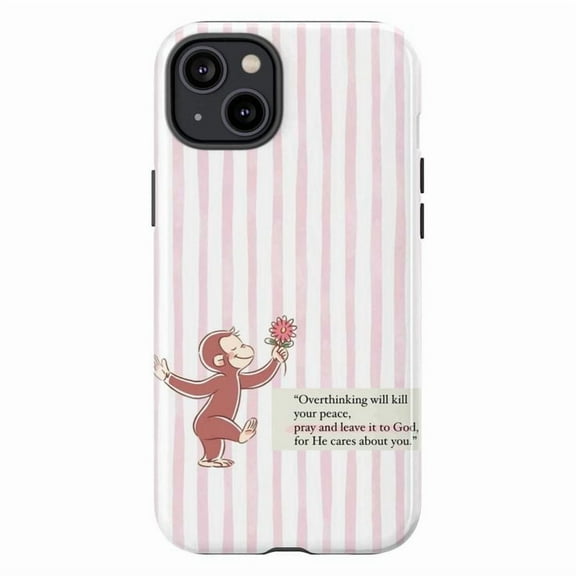 Peaceful Christian Quote Curious Monkey Phone Case, Pink Striped Faith-Based Design Protective Cover for iPhone 16 15 14 13 12 11 Pro Max Plus Mini