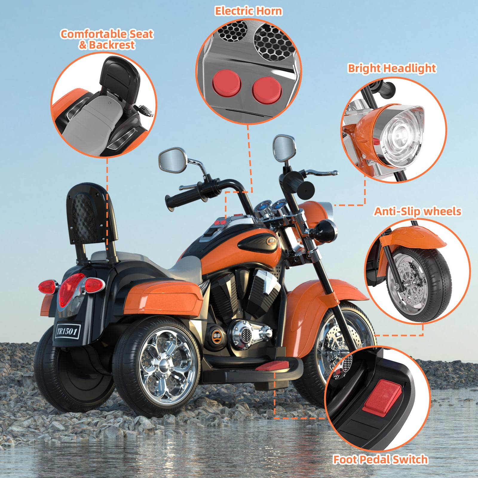 GLAF Kids Motorcycle for Boys & Girls Ages 3-6, 6V Battery Powered Electric Motorbike, 3 Wheels Ride on Toys with LED Lights, Bluetooth Music, Orange
