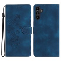 SaniMore Wallet Case for Samsung Galaxy A54 5G 6.4" 2023,  PU Leather Embossed Flower Shockproof [Card Slots   Cash Pocket   Removeable Wrist Strap] Kickstand Full Protective Business Shell, Darkblue