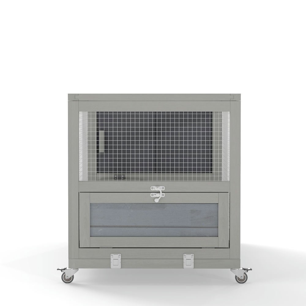 Resenkos 2-Tier Rabbit Hutch, Wooden Cage with Rollers, Removable Roof, Stairs, Easy-Clean Tray, Guinea Pig Home, Gray With Colorful Patterns