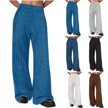 QATAINLAV Wide Leg Pants for Women Casual Elastic High Waisted Lounge Trousers Ribbed Knit Loose Comfy Soft Pajama Pants Gray M
