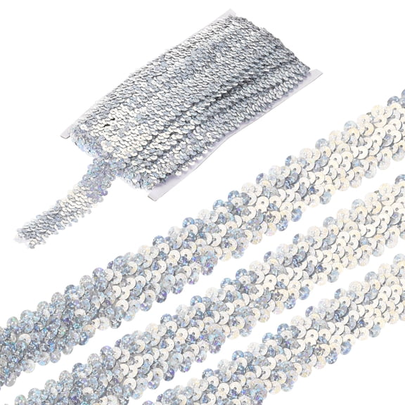 Uxcell 5 Yards 1.2 Inch Elastic Sequins Trim 3 Row Flat Sequin Strip Paillette Fabric Ribbon for Crafts DIY Fringe Sewing Costume Dress, Laser Silver